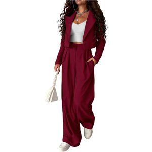 Women's Two Piece Business Casual Cropped Blazer Jackets and Wide Leg Pants